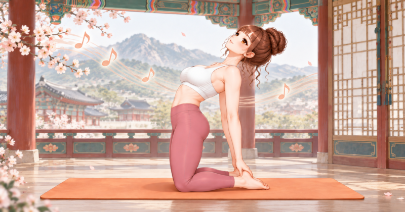 Asian Music Yogaの韓国パートで行うラクダのポーズ