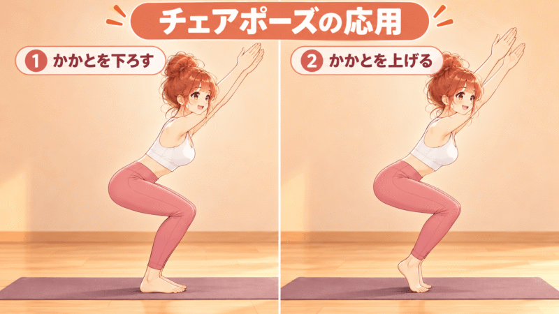 チェアポーズでかかとを上げ下げする動き